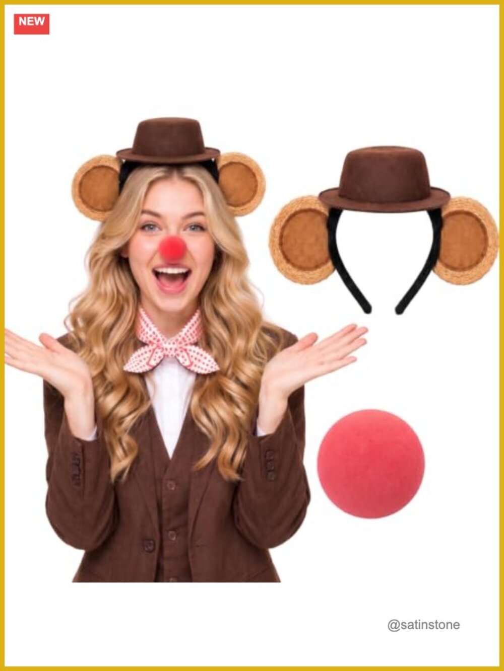 Adult Bear Ears Headband with Bowler Hat & Clown Nose Set